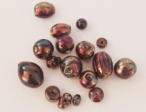 Bronzonite Iris Brown Lampwork Glass Beads, Various Shapes and Sizes - 16 Beads