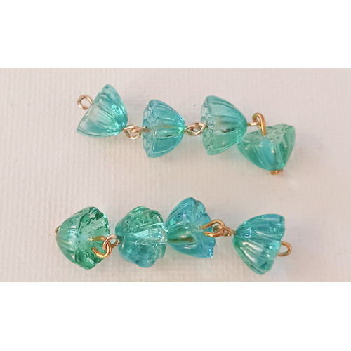 Transparent Turquoise Lotus Pod Flower Glass Beads, 10 x 7 mm - Two 4-Bead Connections