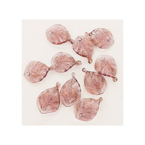 Hand Crafted Pressed Transparent Amethyst with Gold Glitter Glass Leaf Charms / Pendants, 23 x 15 mm - Quantity of 10