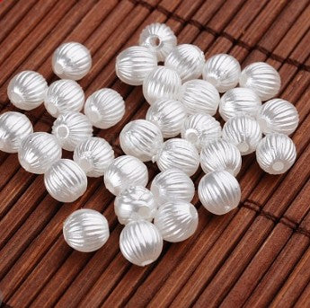 6 mm White Round Fluted Corrugated Imitation Pearl Acrylic Beads for Kids / Crafts - 100 Beads