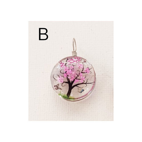 Clear Resin Pink Dried Flower Tree Round Pendant, Silver Color Wire Wrap - 30 x 20 x 11 mm - Bead A or B