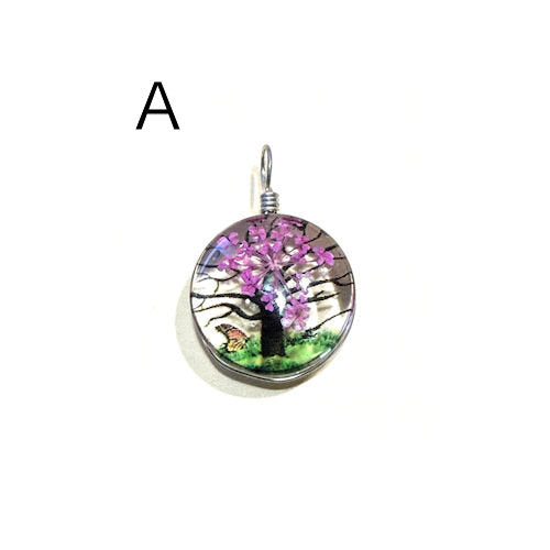 Clear Resin Pink Dried Flower Tree Round Pendant, Silver Color Wire Wrap - 30 x 20 x 11 mm - Bead A or B