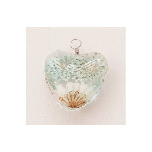 Transparent Resin White and Light Mint Green Dried Flower Heart Pendant w/ Silver Color Wire Bail - 38 x 29 x 14 mm