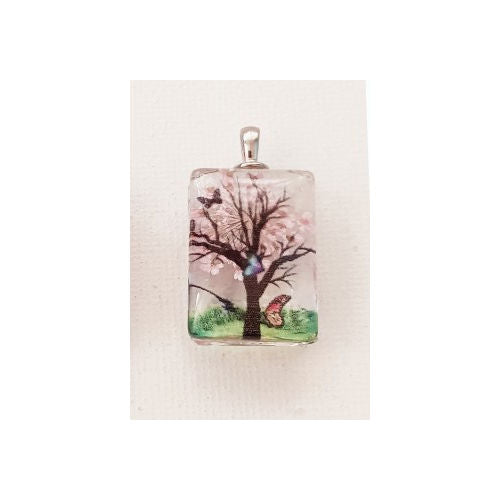 Transparent Resin Pink Dried Flower Tree Rectangle Pendant w/ Silver Color Bail - 32 x 18 x 11 mm