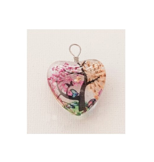Transparent Resin Pink/Yellow Tree Dried Flower Heart Pendant w/ Silver Color Wire Bail - 33 x 25 x 12 mm