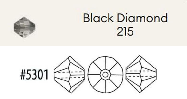 Swarovski 5301 Black Diamond Faceted Crystal Bicone Beads, 4 mm - 5 Beads