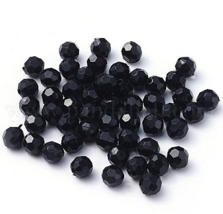 8 mm Opaque Black Faceted Round Acrylic Beads for Kids / Crafts - 30 Beads