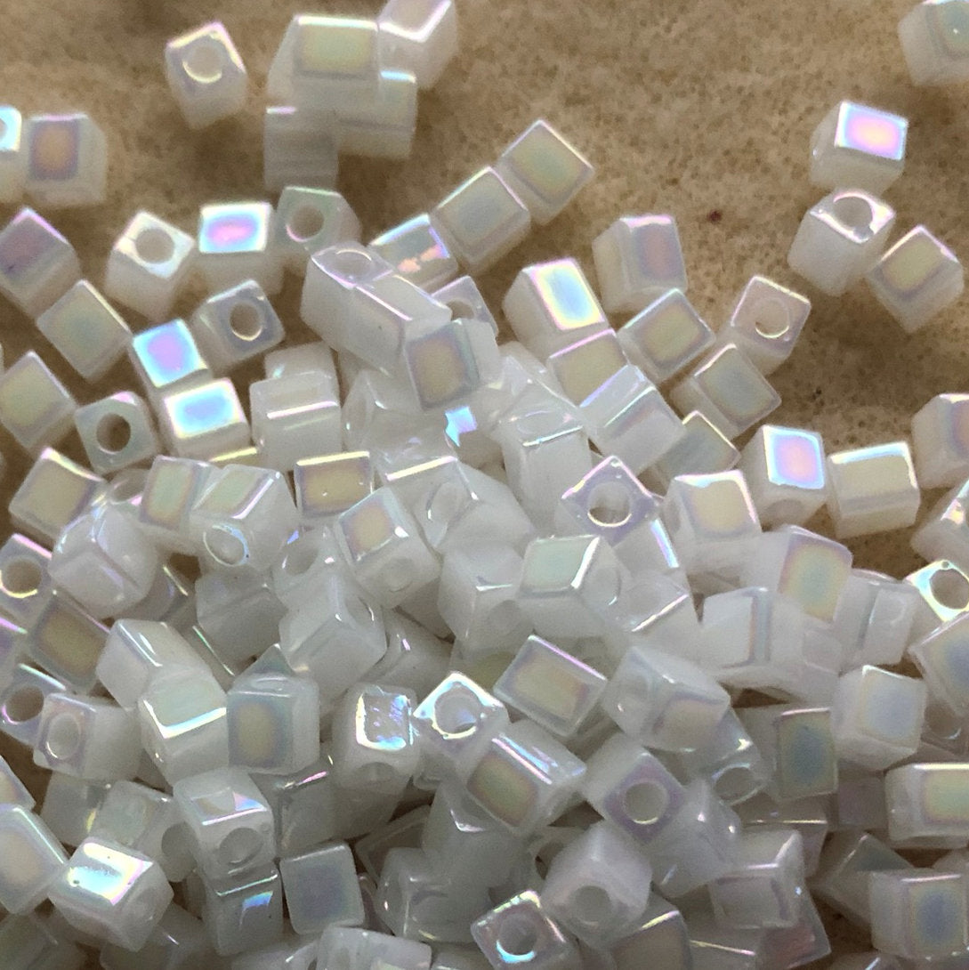 Miyuki SB3-402R 3.5mm  Opaque White Rainbow Square Glass Beads -5 gm
