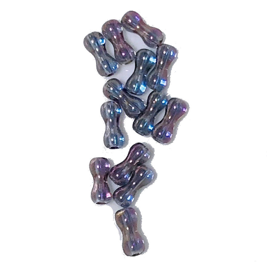 Perles de verre en forme d'arachide/os, bleues avec irisation violette, 8 x 3 mm - 13 perles