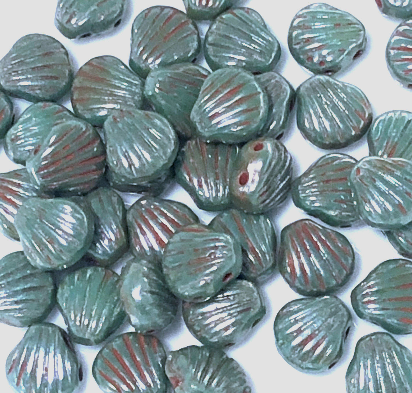 Shelly Shells 2-Hole Czech Bead 8mm 63130-65401 Green Turquoise Honey Drizzle - 20 Beads
