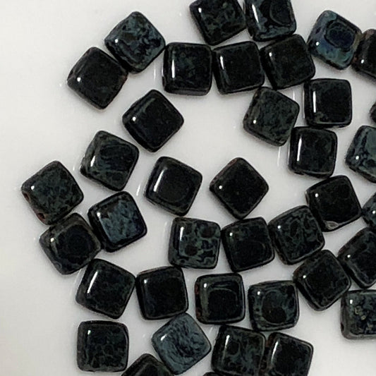 CzechMates T2398 Opaque Black Jet Picasso Glass Tile Beads, 6 mm, 2-Holes - 25 Beads
