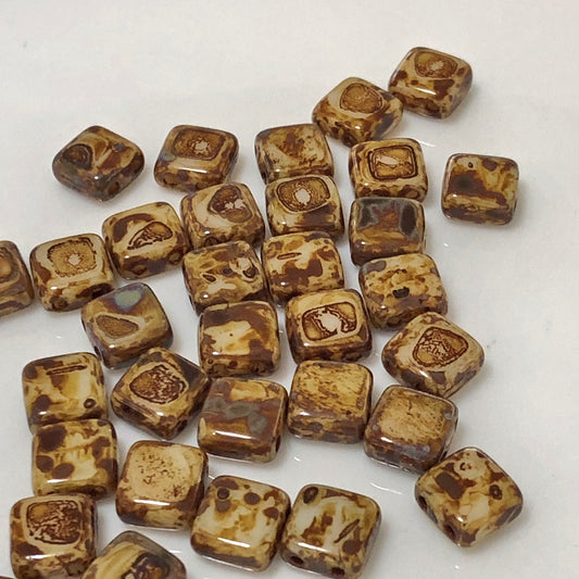 CzechMates T83529 Opaque Ivory Picasso Glass Tile Beads, 6 mm, 2-Holes - 25 Beads