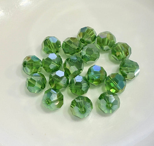 Transparent Green with Light AB Effect Faceted Round Glass Beads 10 mm -  18 Beads