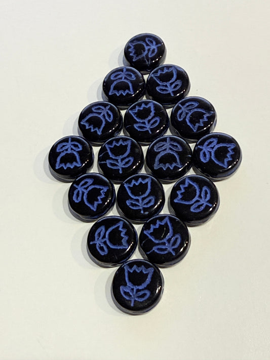 Czech Pressed Glass Coin Beads Black with Blue Tulip, 12 mm - 16 Beads