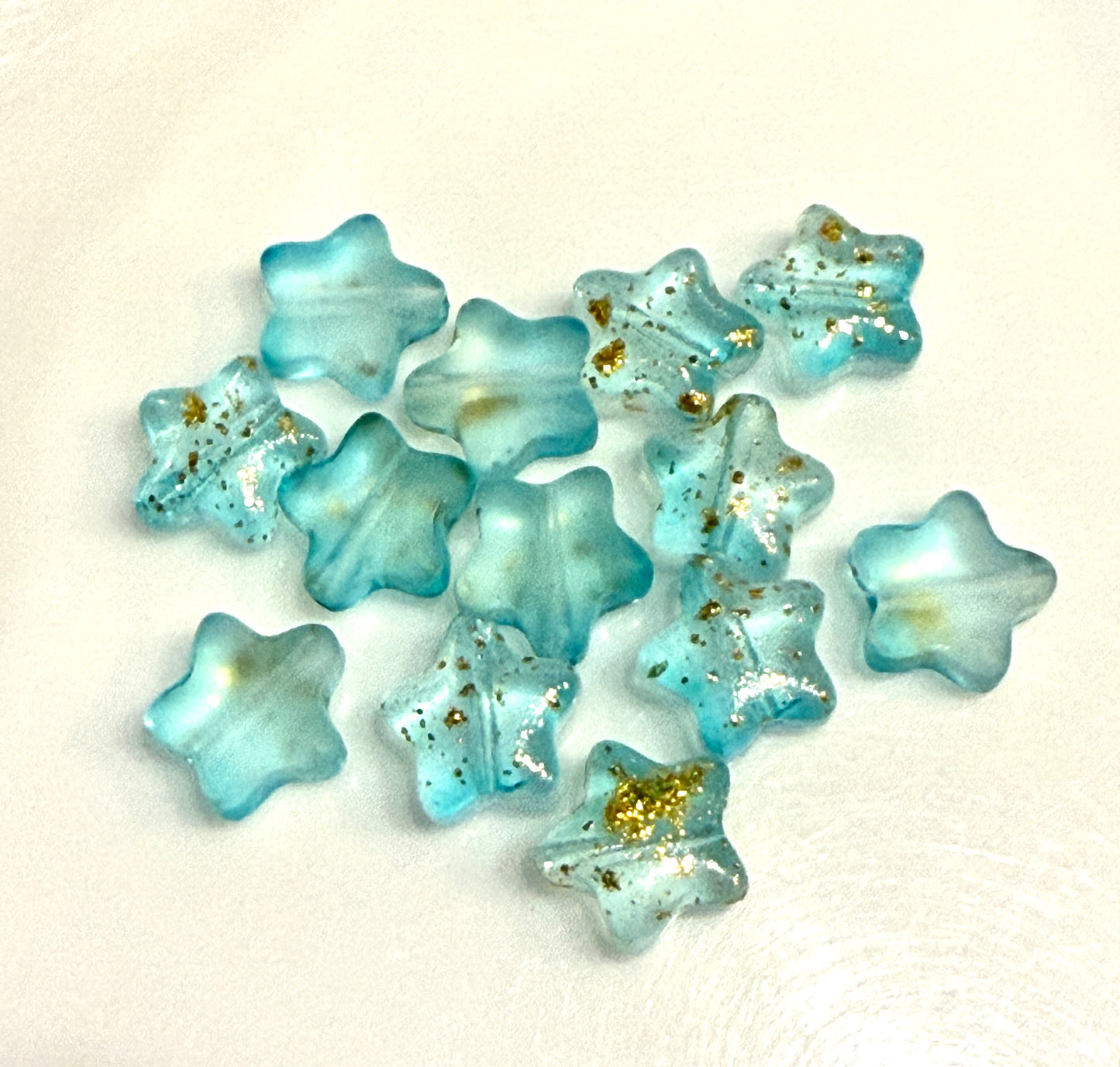Glitter Coated Frosted Transparent Blue Glass Star Beads, 8 x 4 mm - 13 Beads