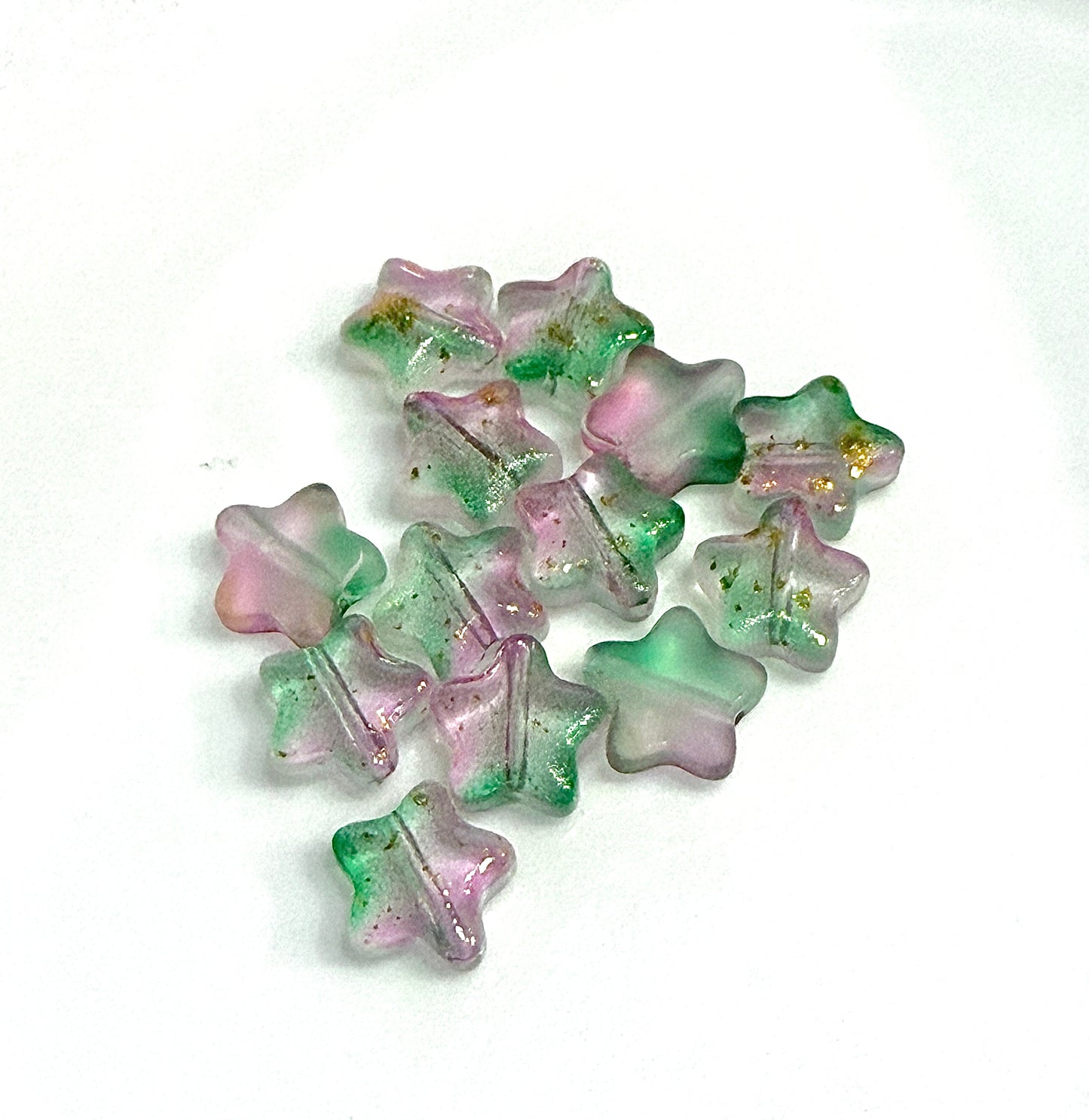 Pink/Green Coated with Gold Glitter Frosted Transparent Glass Star Beads, 8 x 4 mm - 13 Beads