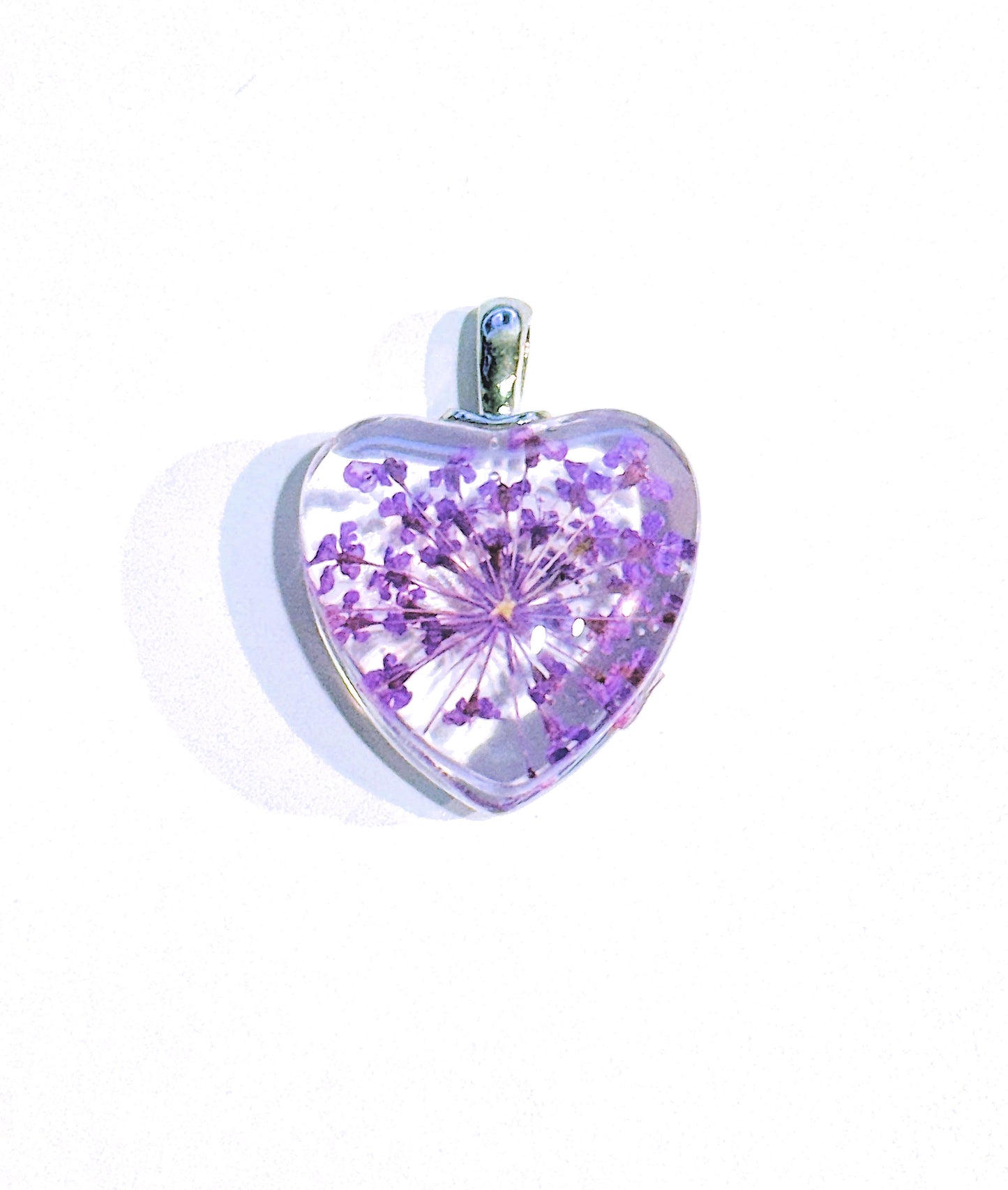 Transparent Resin Purple Dried Flower Heart Pendant w/ Silver Color Bail - 27 x 20 x 11 mm