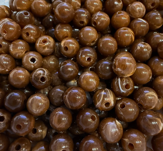 8 mm Marbled Coconut Brown Round Acrylic Beads for Kids / Crafts - 30 Beads