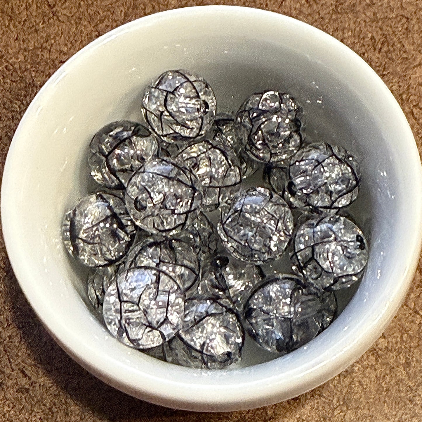 10 mm Transparent Clear Crackle w/ Black Drizzle Round Acrylic Beads for Kids / Crafts - 24 Beads