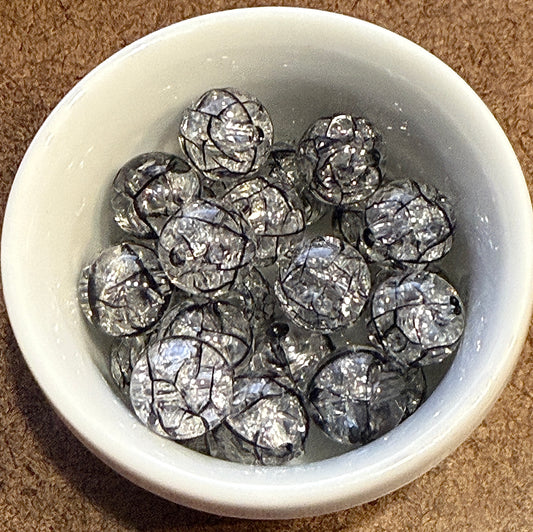 10 mm Transparent Clear Crackle w/ Black Drizzle Round Acrylic Beads for Kids / Crafts - 24 Beads