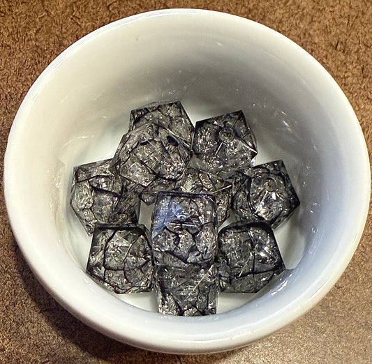 10 mm Transparent Clear Crackle w/ Black Drizzle Faceted Cube / Square Acrylic Beads for Kids / Crafts - 10 Beads