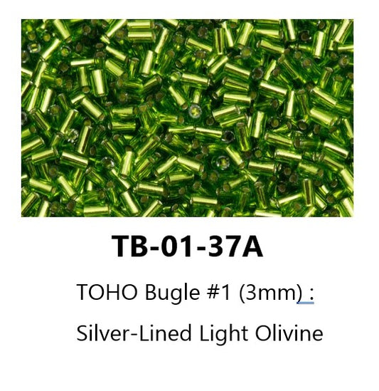 TOHO TB-01-37A   #1  (3 mm) Silver-Lined Light Olivine Glass Bugle Beads - 5 gm