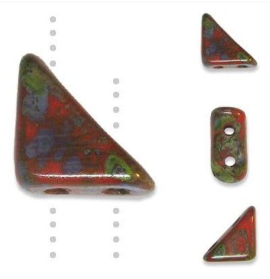 Czech Tango 93400-86800 Coral Picasso 2-Hole 6 mm Triangle Glass Beads - 5 gm