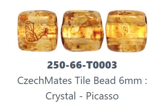 Czechmates Tile T0003  Crystal Picasso, 6 mm Square Beads - 25 Beads