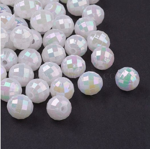 8 mm Opaque White AB Faceted Round "Disco" Acrylic Beads for Kids / Crafts - 30 Beads