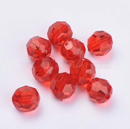 6 mm Transparent Red Faceted Round Acrylic Beads for Kids / Crafts - 100 Beads