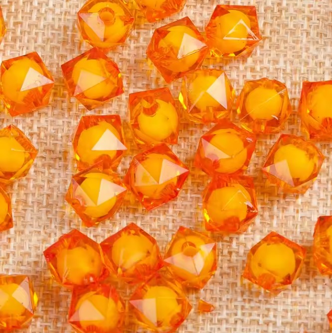 8 mm Transparent Dark Orange with White Bead in Bead Faceted Cube/Square Acrylic Beads for Kids / Crafts - 30 Beads