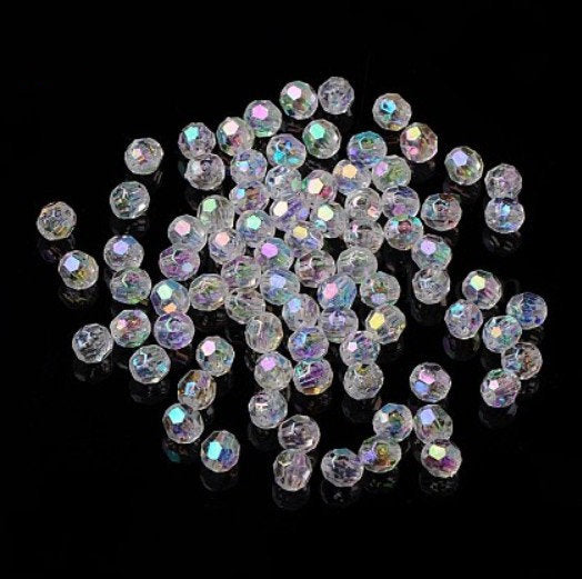 6 mm Transparent Clear AB Faceted Round Acrylic Beads for Kids / Crafts - 100 Beads