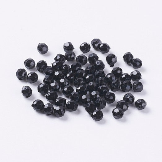 6 mm Opaque Black Faceted Round Acrylic Beads for Kids / Crafts - 100 Beads