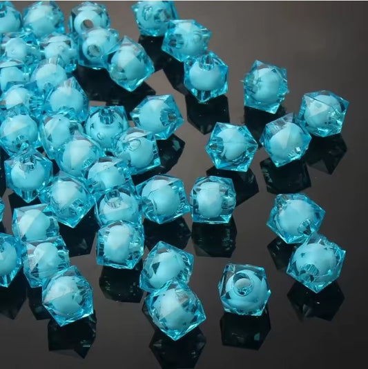 8 mm Transparent Light Blue with White Bead in Bead Faceted Cube/Square Acrylic Beads for Kids / Crafts - 30 Beads