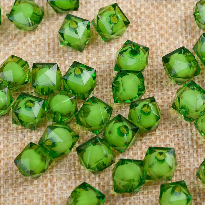 8 mm Transparent Dark Green with White Bead in Bead Faceted Cube/Square Acrylic Beads for Kids / Crafts - 30 Beads