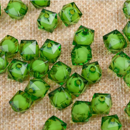 8 mm Transparent Dark Green with White Bead in Bead Faceted Cube/Square Acrylic Beads for Kids / Crafts - 30 Beads