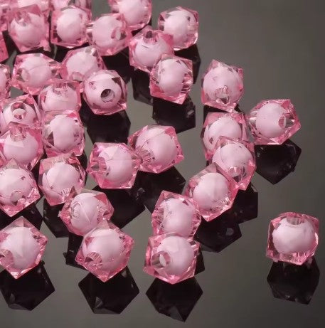 8 mm Transparent Light Pink with White Bead in Bead Faceted Cube/Square Acrylic Beads for Kids / Crafts - 30 Beads