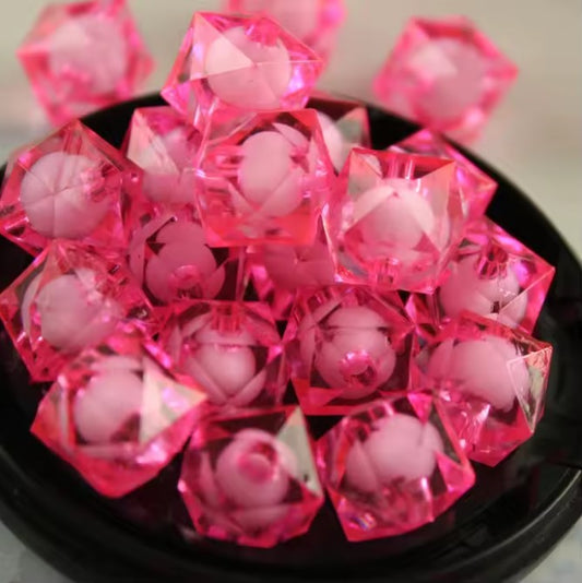 8 mm Transparent Neon Pink with White Bead in Bead Faceted Cube/Square Acrylic Beads for Kids / Crafts - 30 Beads