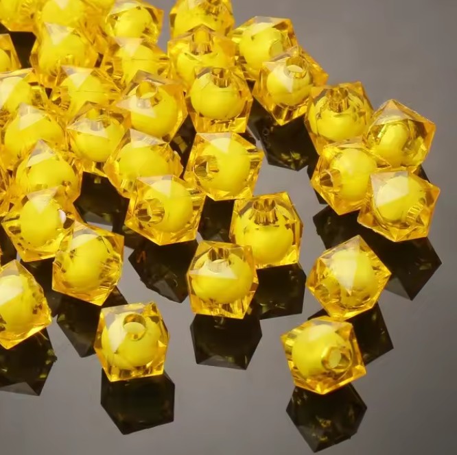 8 mm Transparent Gold with White Bead in Bead Faceted Cube/Square Acrylic Beads for Kids / Crafts - 30 Beads