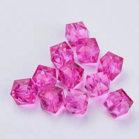10 mm Transparent Fuchsia Pink Faceted Cube/Square Acrylic Beads for Kids / Crafts - 30 Beads