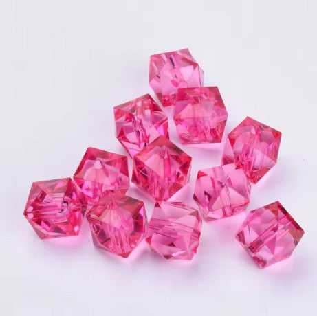 10 mm Transparent Neon Pink Faceted Cube/Square Acrylic Beads for Kids / Crafts - 26 Beads