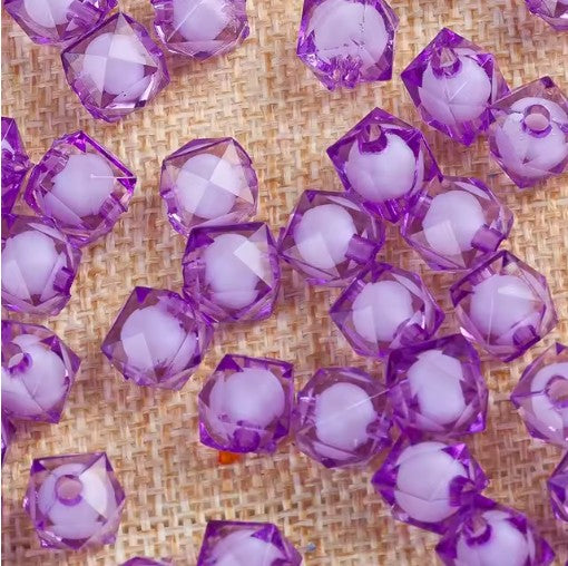 8 mm Transparent Light Violet Purple with White Bead in Bead Faceted Cube/Square Acrylic Beads for Kids / Crafts - 30 Beads