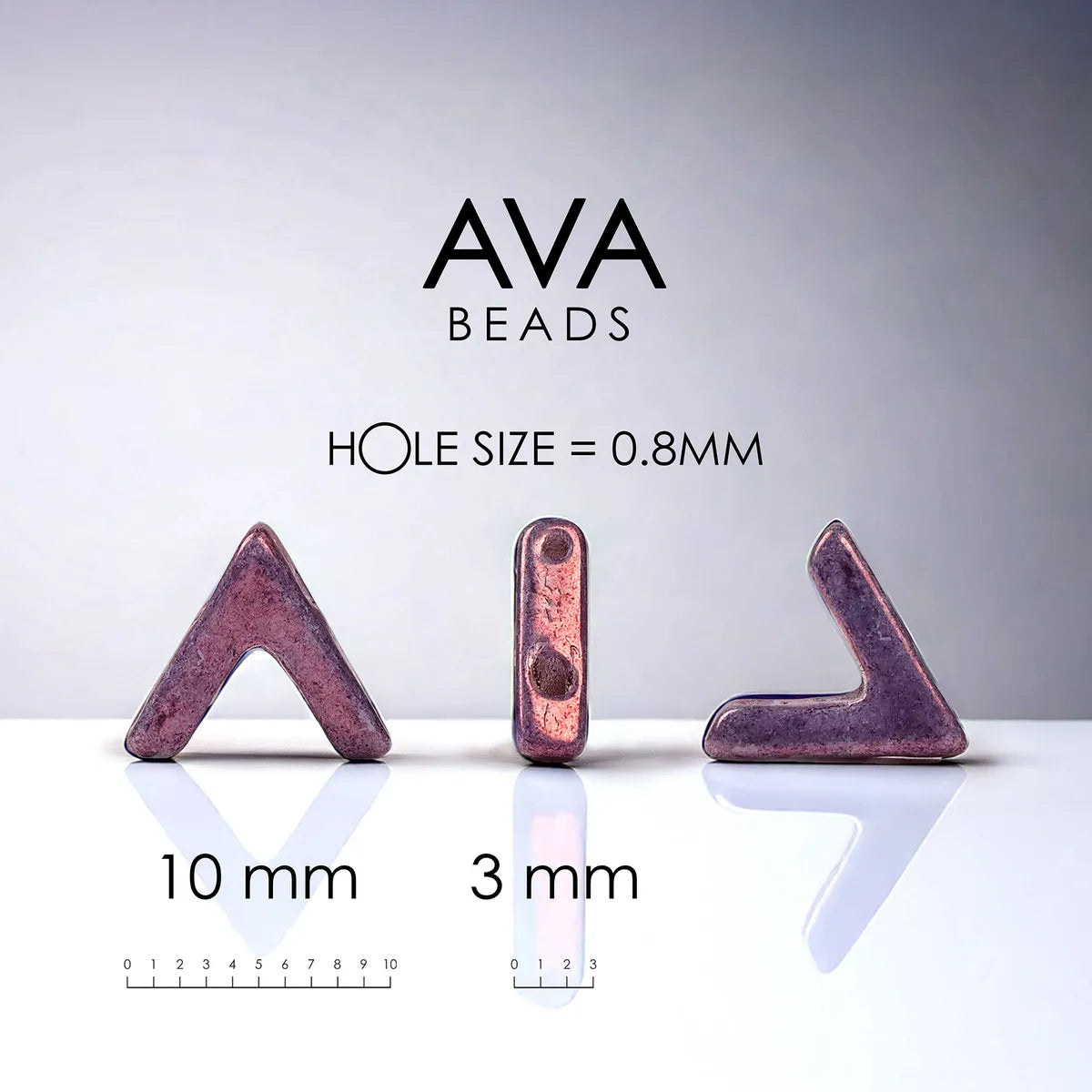 AVA Beads with size indicators on a reflective surface