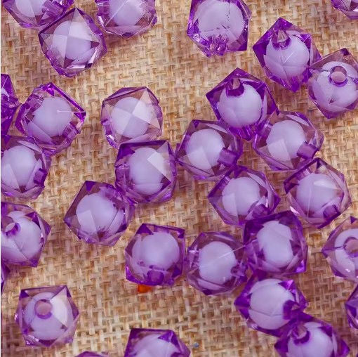 8 mm Transparent Violet Purple with White Bead in Bead Faceted Cube/Square Acrylic Beads for Kids / Crafts - 30 Beads