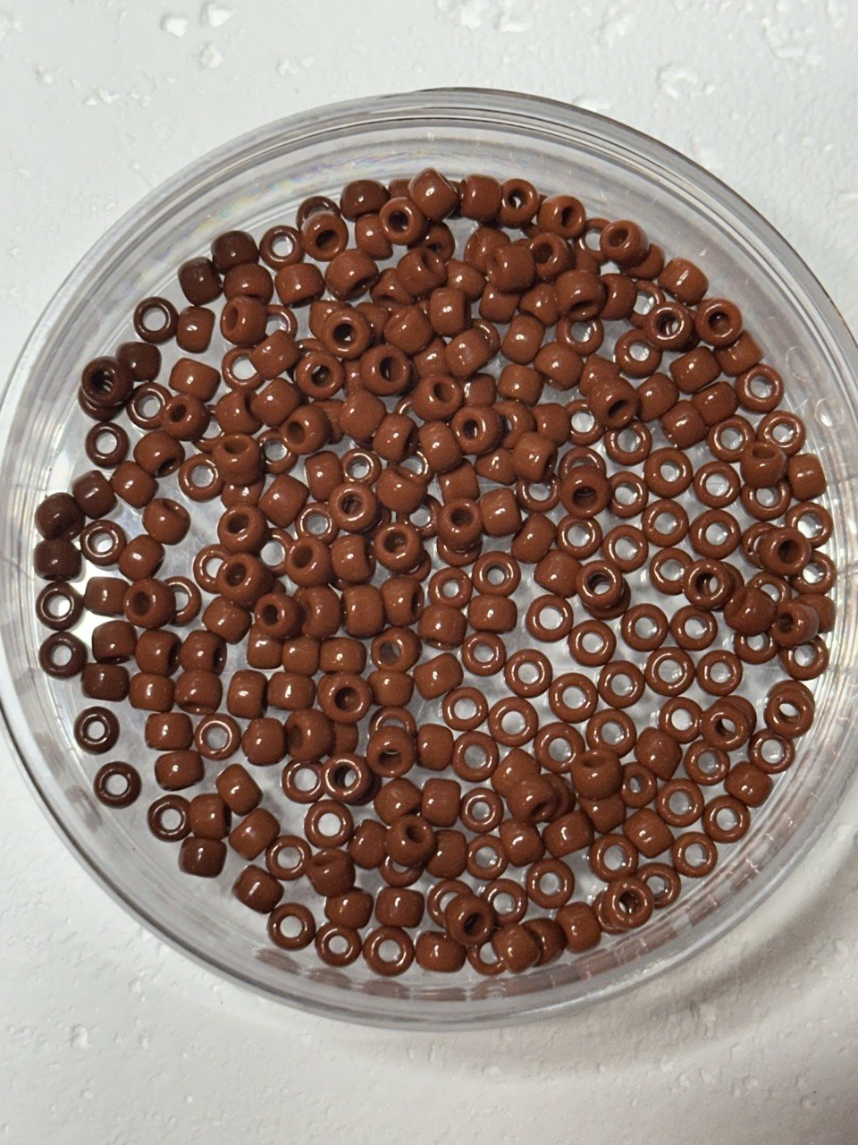 Brown seed beads with a glossy finish, arranged inside a clear plastic round container on a white textured surface.