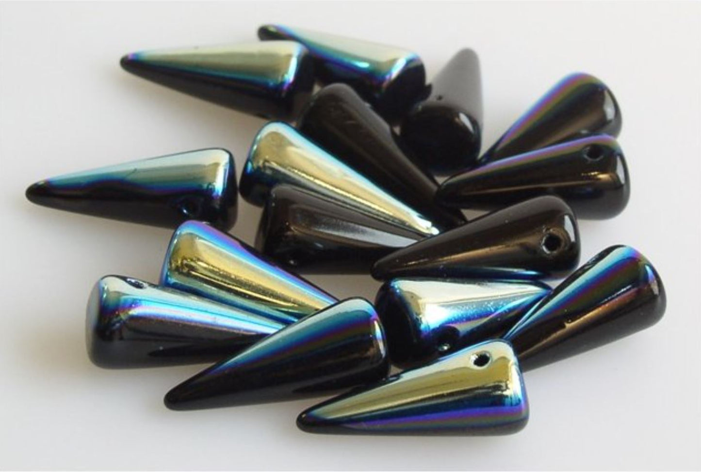 Spike / Thorn Beads, Jet Black AB, 7 x 17 mm České sklo - 10 korálků