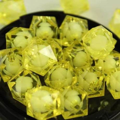 8 mm Transparent Yellow with White Bead in Bead Faceted Cube/Square Acrylic Beads for Kids / Crafts - 30 Beads
