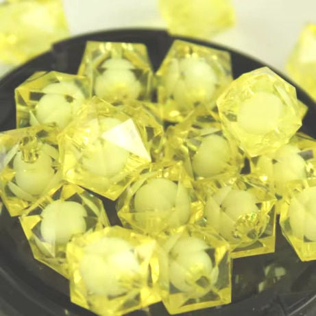 8 mm Transparent Light Yellow with White Bead in Bead Faceted Cube/Square Acrylic Beads for Kids / Crafts - 30 Beads