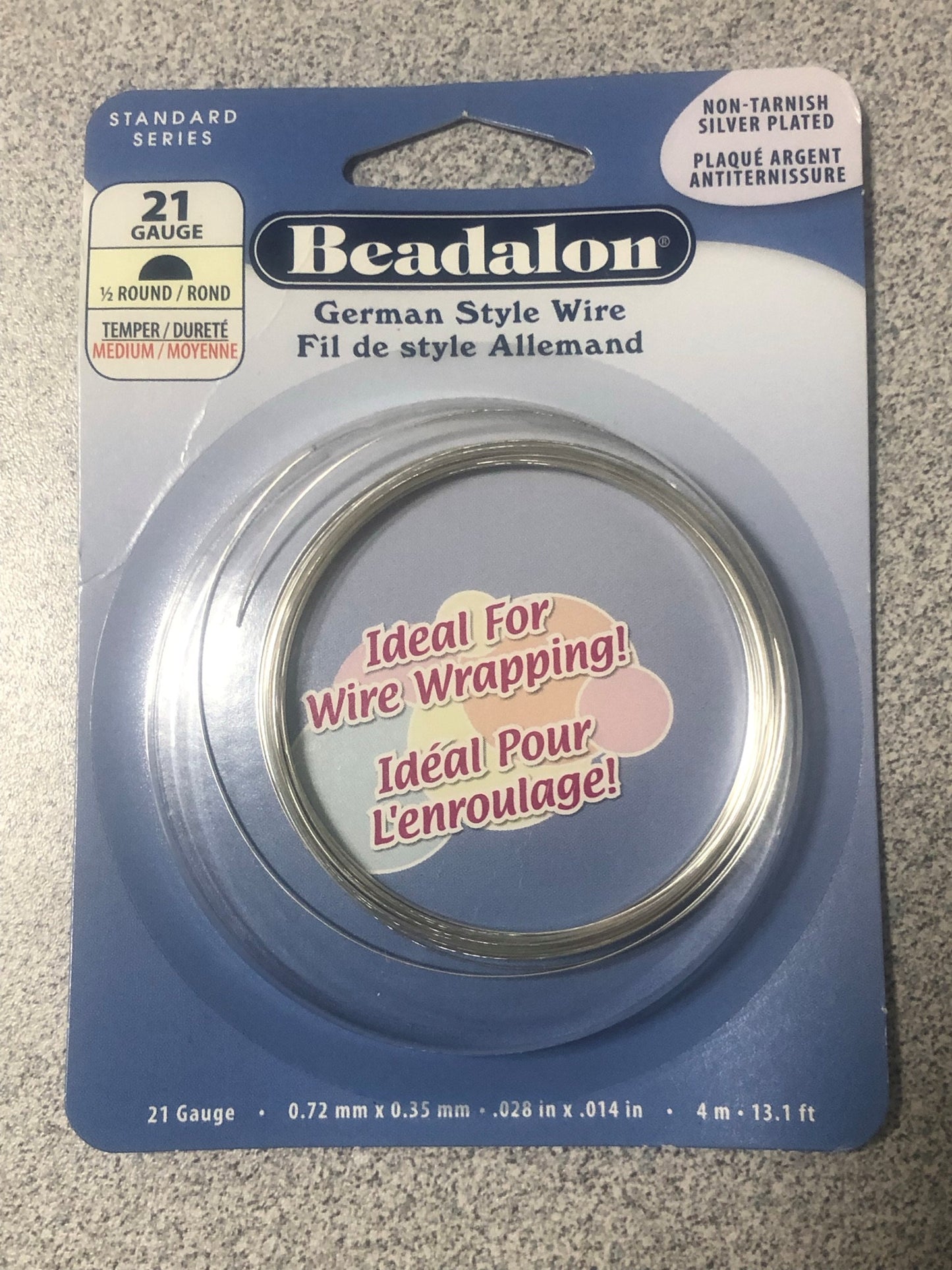 Beadalon Fil rond plaqué argent, calibre 21, température moyenne, non ternissant, 4 m/13,1 pi 180B-121