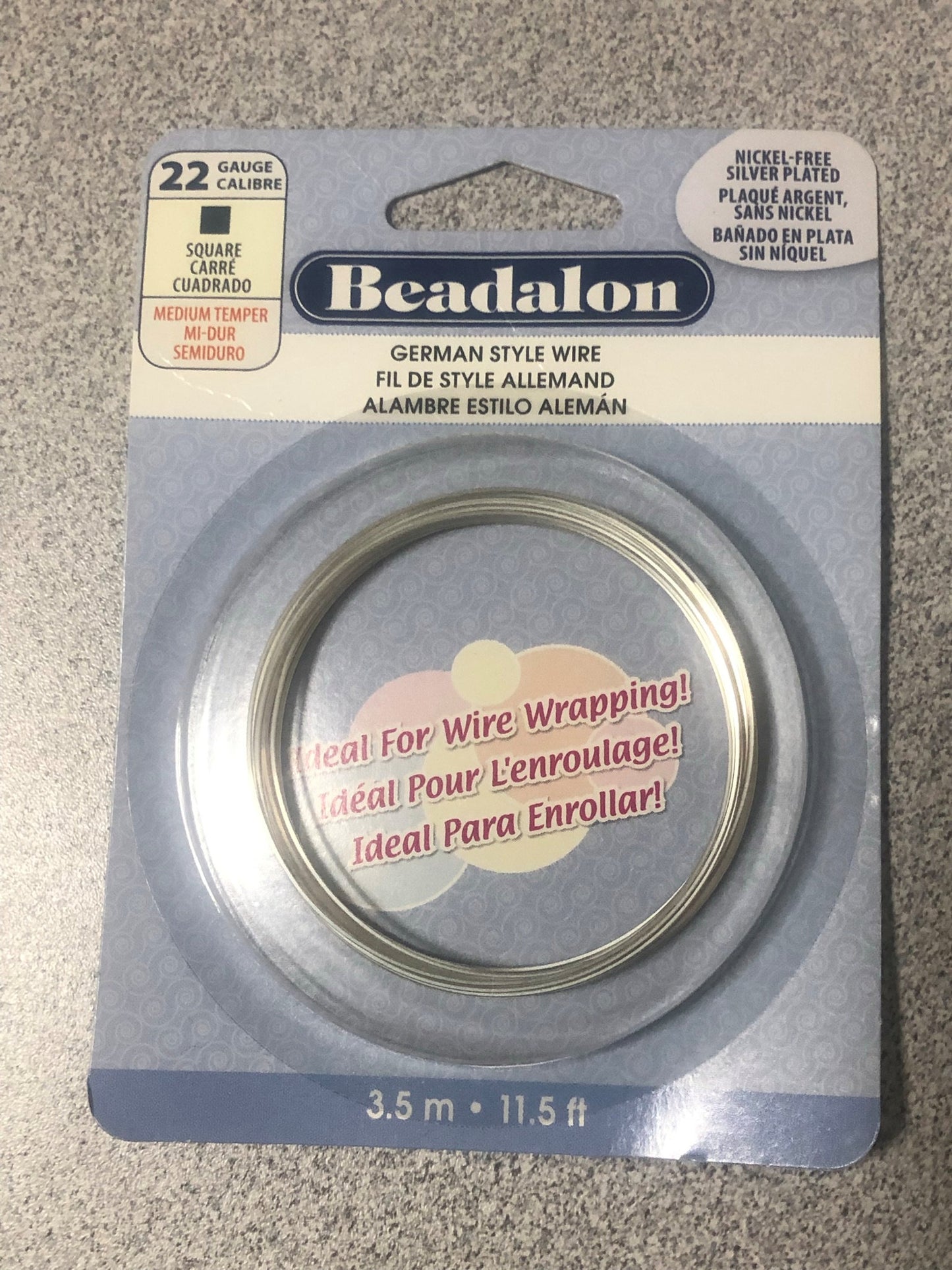 Beadalon Fil carré plaqué argent sans nickel, calibre 22, trempe moyenne, 3,5 m/ 11,5 pi 180B-222